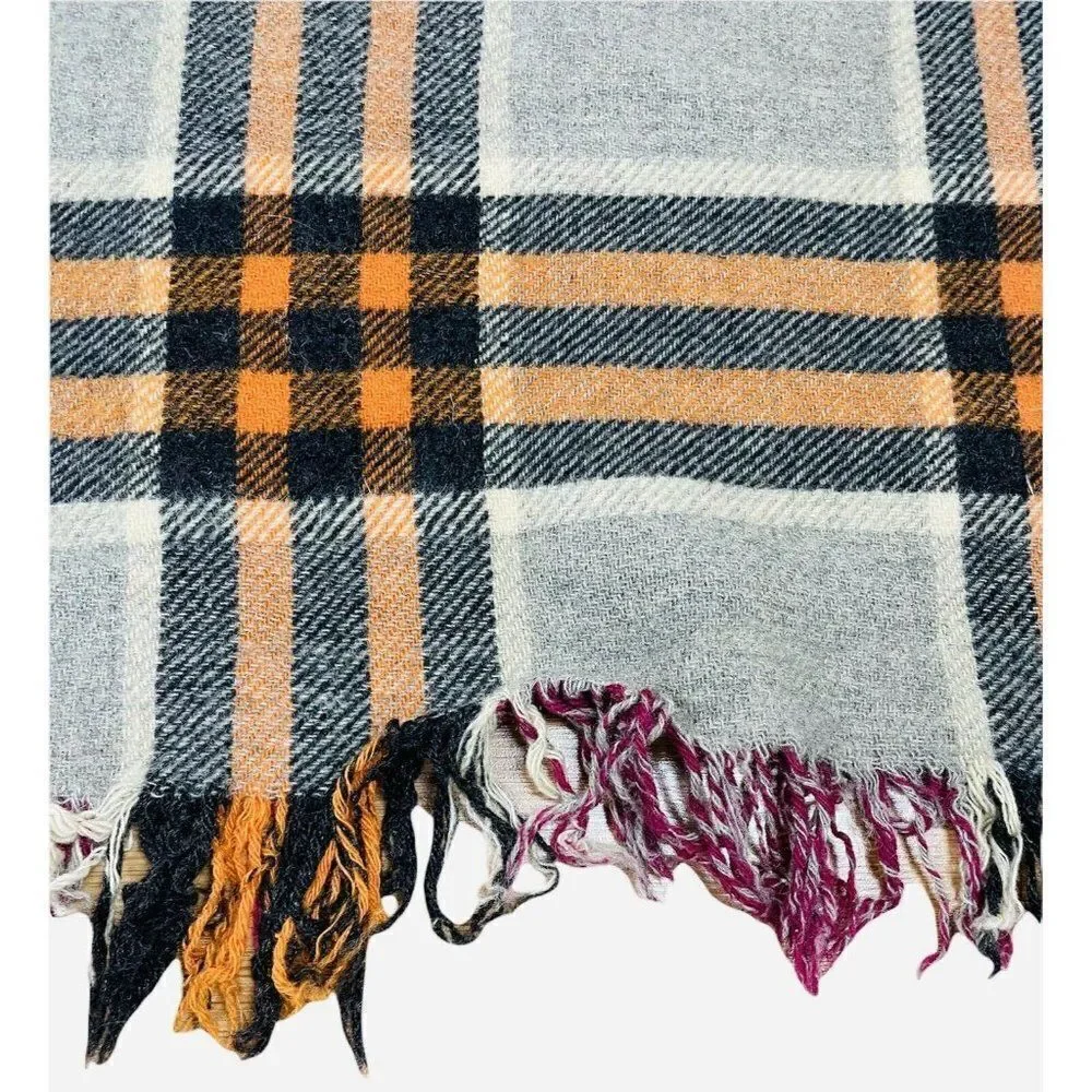 Vtg All Wool British Made Plaid Blanket 65 x 52 Reversible Purple Orange Grey